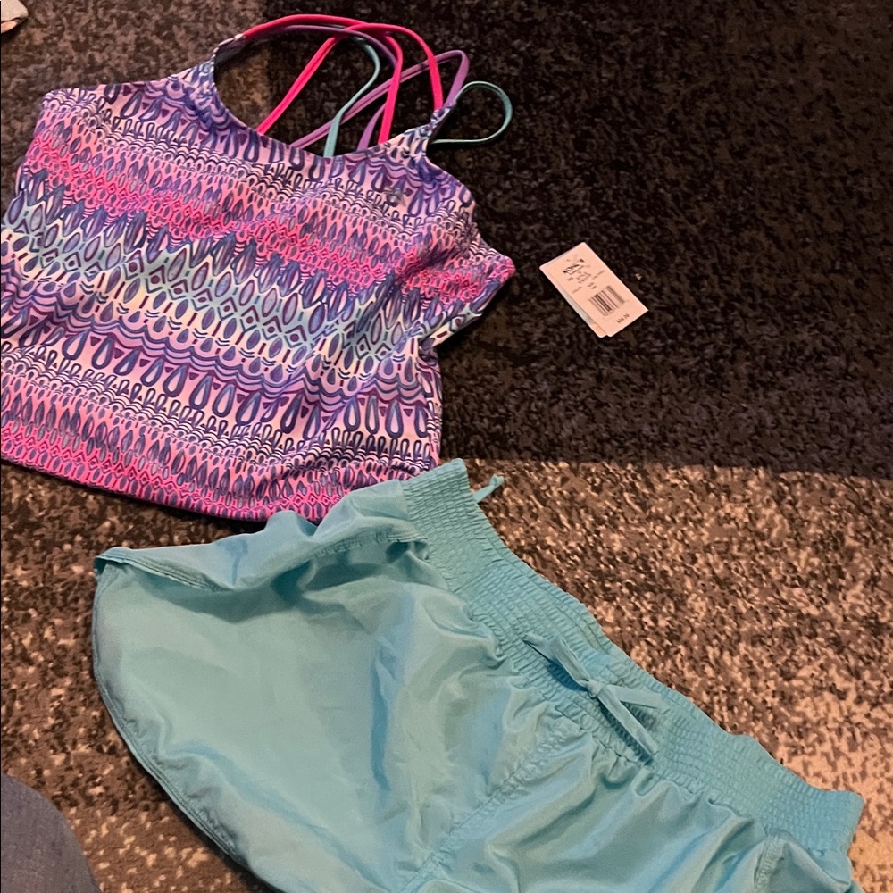 Colorful Patterned Tank Top and Blue Shorts Set
